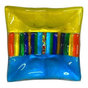 Fused Glass Rainbow Design Colorful Square Trinket Dish Ring Holder Vanity Decor